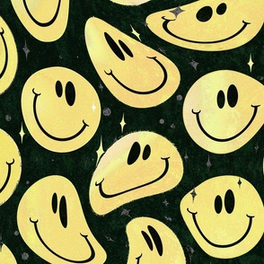 Trippy Boho Mustard Yellow over Black Smiley Face - Boho Gold Smiley Face - Pale Yellow Trippy Smiley Face - SmileBlob - xxtsf515b - 67.91in x 56.49in repeat - 150dpi (Full Scale)
