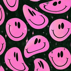 Trippy Boho Magenta Pink over Black Smiley Face - Boho Pink Smiley Face - Soft Magenta Trippy Smiley Face - SmileBlob - xxtsf516b - 67.91in x 56.49in repeat - 150dpi (Full Scale)