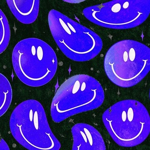 Trippy Patriotic Blue over Black Smiley Face - Bright Blue Smiley Face with white Smiles - Patriotic Blue over Black - Psychedelic Trippy Smiley Face - SmileBlob - xxtsf518bw - 67.91in x 56.49in repeat - 150dpi (Full Scale)