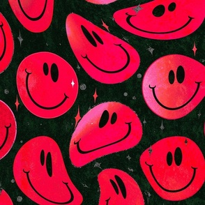 Trippy Bold Lovelorn Red over Black Smiley Face - Bright Red Smiley Face - Bold Red over Black with Black Smiles - Psychedelic Trippy Smiley Face - SmileBlob - xxtsf519b - 67.91in x 56.49in repeat - 150dpi (Full Scale)