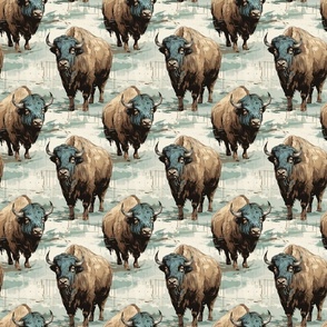 Buffalo Bison Herd Prarie Field Brown Gray Turquoise Blue Western Country Cabin Lodge Fabric Cowboy Old West