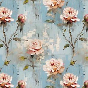 Oil Painted Soft Pink Pastel Flowers on Pastel Blue Cottagecore Chipping Paint French Country 