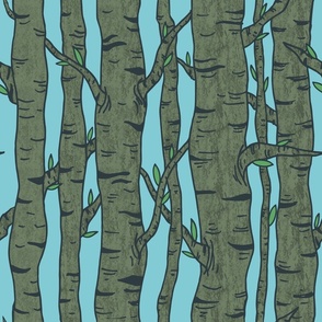 Into the Woods - Whimsical Woodlands - Pantone Mega Matter - Green Trees on Blue BG