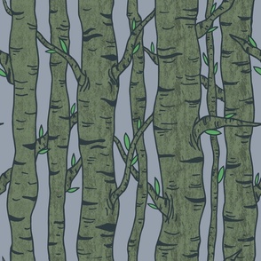 Into the Woods - Whimsical Woodlands - Pantone Mega Matter - Green Trees on Grey BG