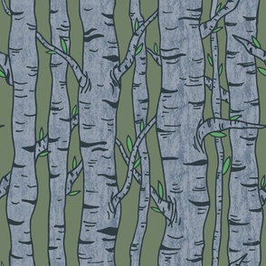 Into the Woods - Whimsical Woodlands - Pantone Mega Matter - Grey Trees on Green BG