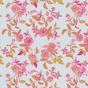 mini // Vintage Floral Romantic Roses in Bright Pink and Ochre on Pale Sky Blue // 4”