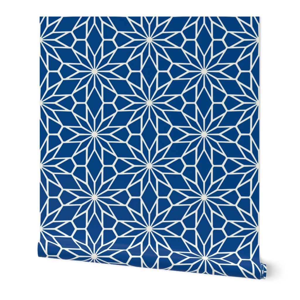 Navy Geometric Flower Star Mosaic in Navy Blue and Cream - Large - Geometric Navy, Mosaic Backsplash, Dark Blue Geometric