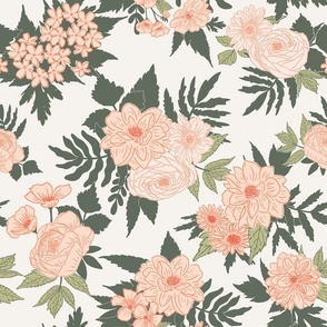 Rose, Peony, & Poppy Garden - Large - Floral, Flowers, Petals, Leaves, Pink, Blush, Green, Earth, Earthy