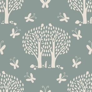 Medium - Around the Tree - Damask - Butterflies and Animals Forest - Calming Nursery Wallpaper - Earth Tone Slate Grey Gray - Neutral Nursery