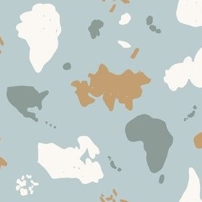 Medium - Imaginative Map of the World - Quirky and colorful what a wonderful world - Earth Tones - Muted Light Blue - Sage - Tan and Ivory