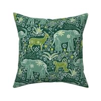 Hand drawn asian animals, shades of green: elephant, monkey, deer