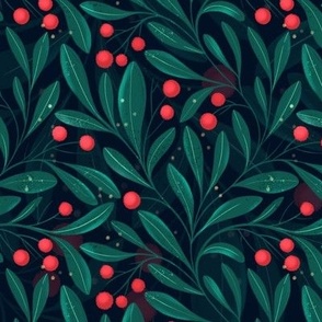 Medium | Christmas greenery, crimson red berries and green leaves on dark blue