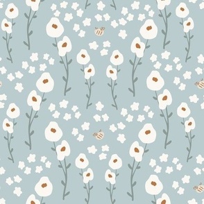 Medium - Wildflower Meadow and Bumble Bees - Summer Floral - Baby Apparel - Flower Field - Neutral Nursery - Dusty Blue White Brown