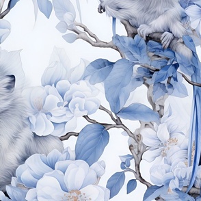 Wallpaper Monkeys soft Greys and Blues,whimsical, blossoms, quirky