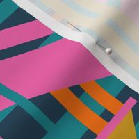 1980s Abstract Geometric Print in Teal Pink Yellow