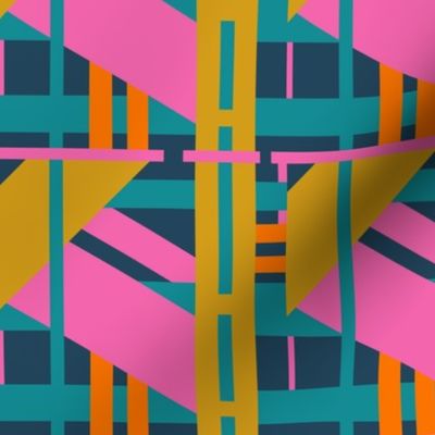 1980s Abstract Geometric Print in Teal Pink Yellow