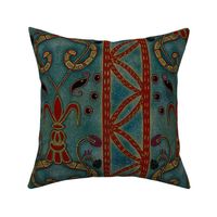 handdrawn embroidery effect whimsical gothic medieval vertical symmetry with jewels  in dark aesthetic on textured painterly background dark teal blues  colours with red jewels 12” repeat