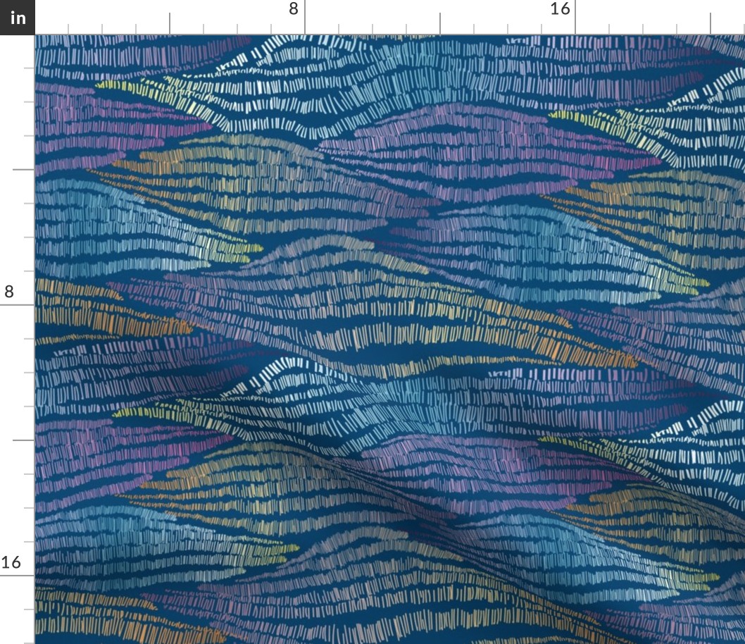 Iridescent Strokes- Abstract Rainbow Sky- Linework Waves- Dark Cerulean Blue- Regular Scale