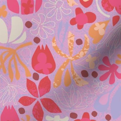 Modern Abstract Botanical Floral in Peach Fuzz, Lilac and Red on a Lavender background
