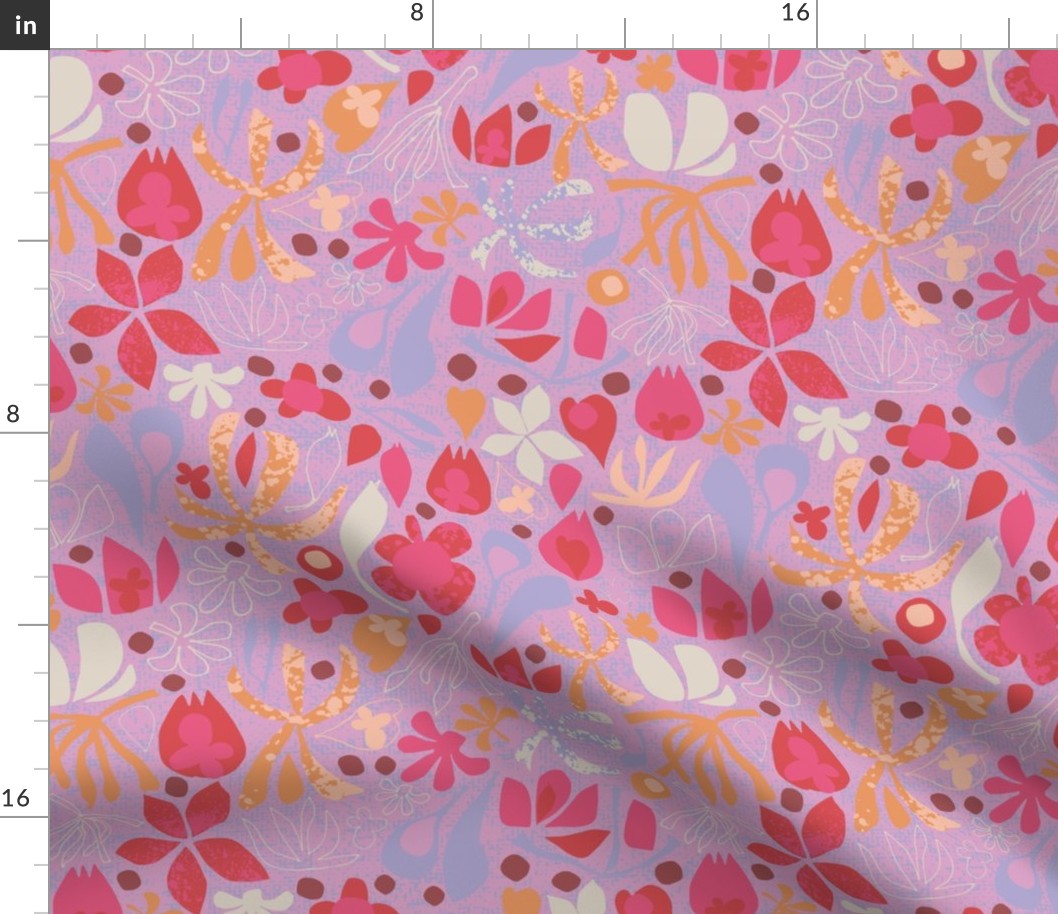 Modern Abstract Botanical Floral in Peach Fuzz, Lilac and Red on a Lavender background