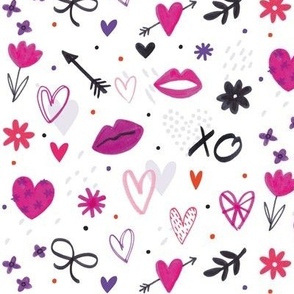 valentine doodles kisses and hearts pink black white