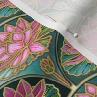 Pink waterlily and lily pads Art Deco tile pattern fabric , wallpaper and home decor
