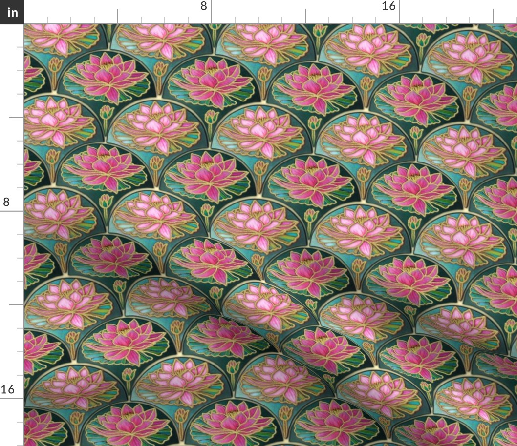 Pink waterlily and lily pads Art Deco tile pattern fabric , wallpaper and home decor