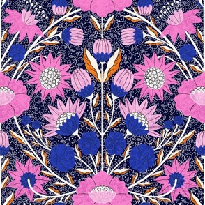 Eclectic Floral Pattern in bright pink, blue and orange on a dark background - middle scale