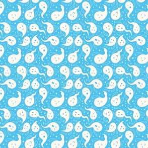 Friendly ghosts, Boo and stars on a light blue background - middle scale 