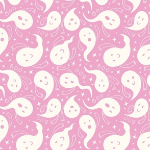 Friendly ghosts, Boo and stars on a light pink background - large scale 