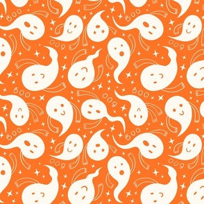 Friendly ghosts, Boo and stars on an orange background - large scale 