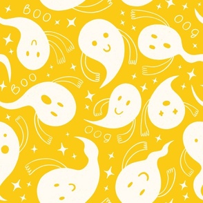 Friendly ghosts, Boo and stars on an yellow background - jumbo scale - 18 inch