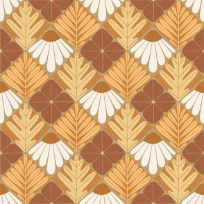 Fall Leaves and Blooms in a checkerboard pattern - orange, brown, cream
