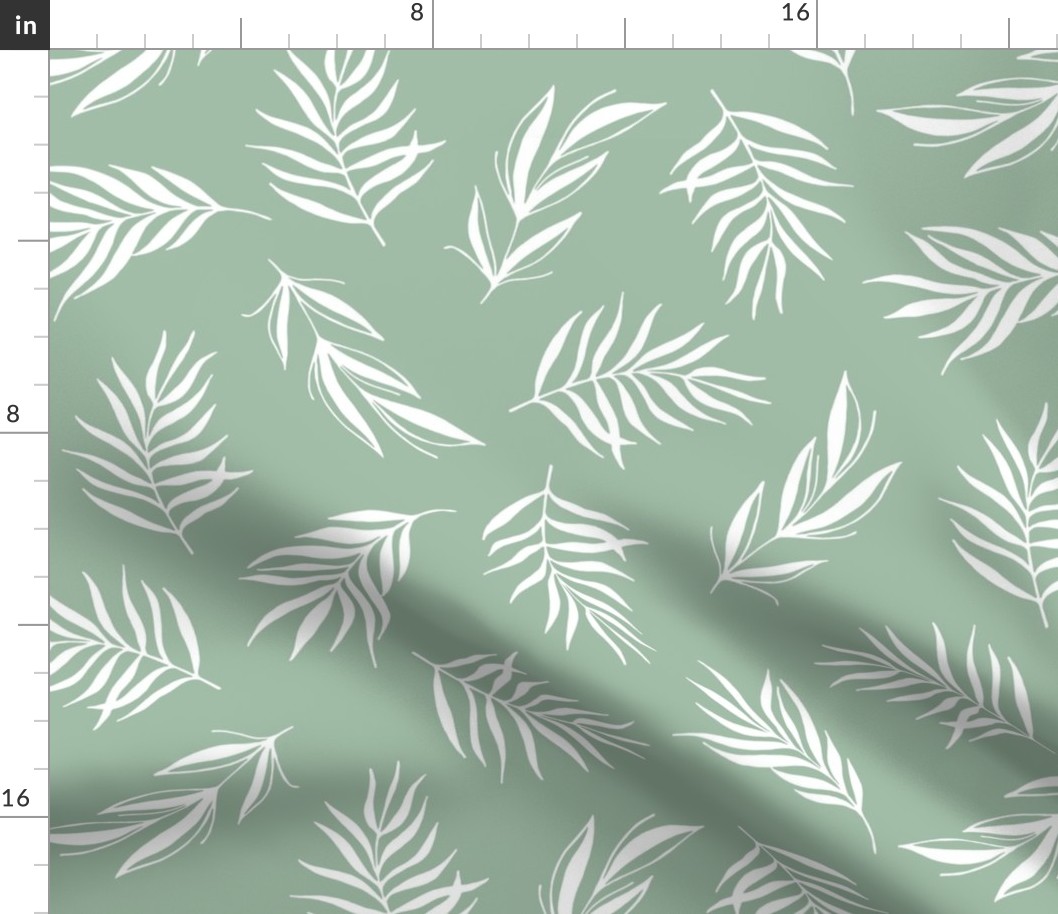 Simple Palm leaves modern minimalist -white on sage green