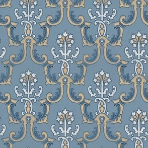 stylized flowers and scroll lattice on slate blue