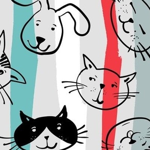 meowzzz - cute cats and stripes - large scale gray/turquoise/red