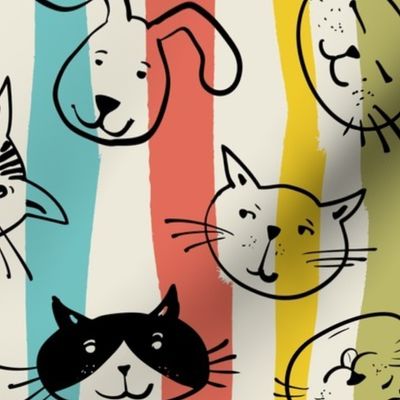 meowzzz - cute cats and muted colorful stripes - large scale