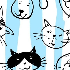 meowzzz - cute cats on blue stripes - large scale