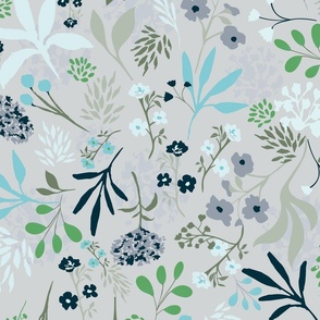 Wildflower blossoms and leaves light grey background