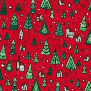 Snowy Christmas trees and houses on a red background 