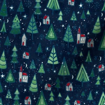 Snowy Christmas trees and houses on a blue background 
