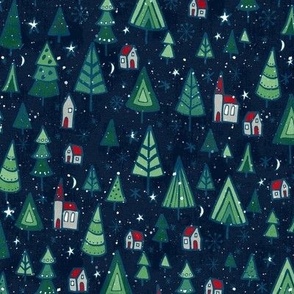 Snowy Christmas trees and houses on a blue background 