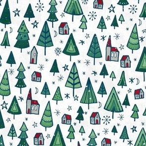 Snowy Christmas trees and houses on a white background 