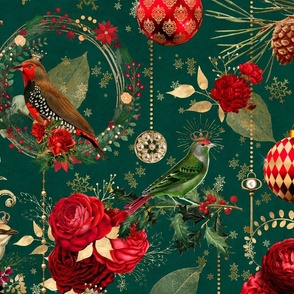 Nostalgic Christmas Splendor Red Gold On Moss Green Large Scale