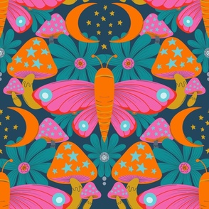 Martha magical moths_ mushrooms and moons neon brights and navy