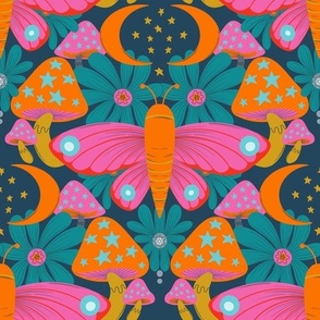 Martha magical moths mushrooms and moons neon brights and navy