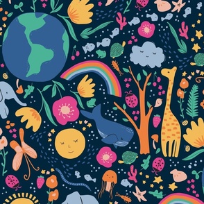 Large - Wonderful World - Happy Animals Nature Flowers Fruits Plants on Earth - Celebration of Life - Earth Day - Midnight Navy