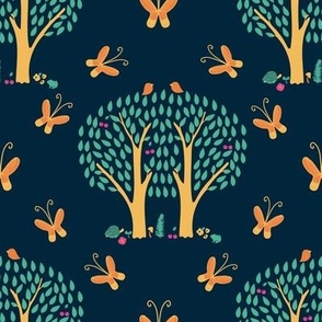 Medium - Around the Tree - Damask - Butterflies and Animals Forest - Calming Nursery Wallpaper - Midnight Navy Orange Green