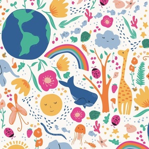 Large - Wonderful World - Happy Animals Nature Flowers Fruits Plants on Earth - Celebration of Life - Earth Day - Ivory Rainbow