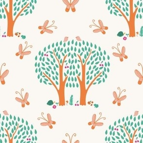 Medium - Around the Tree - Damask - Butterflies and Animals Forest - Calming Nursery Wallpaper - Orange Green Ivory